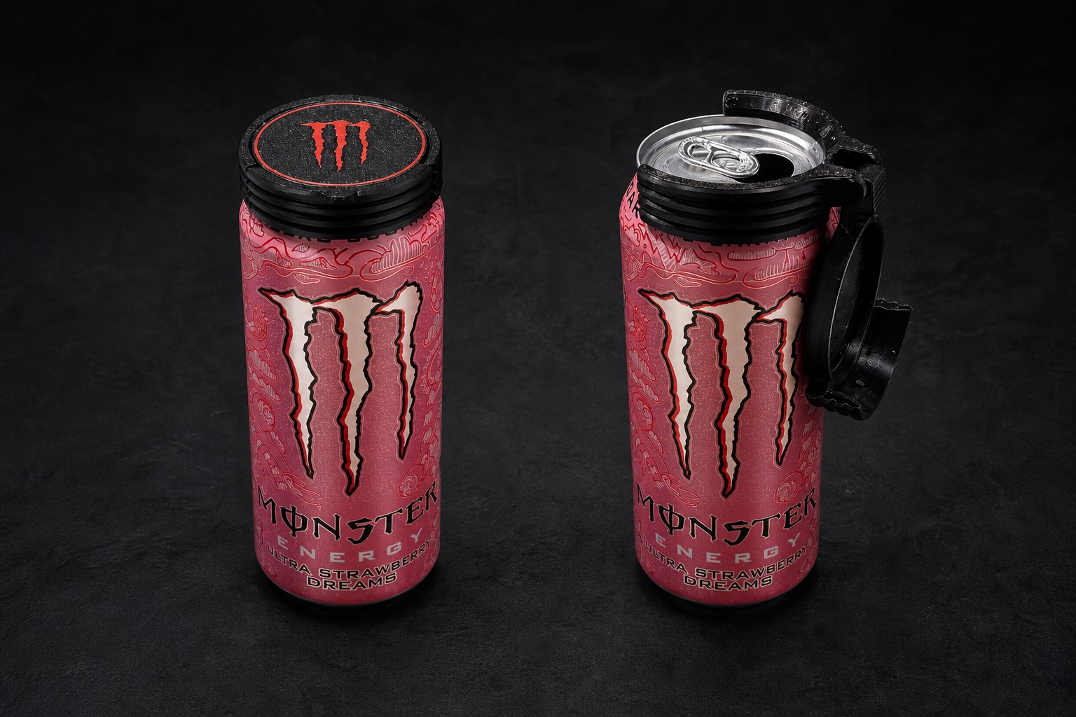 Monster Dust Cap gesloten en geopend op een Monster-blikje